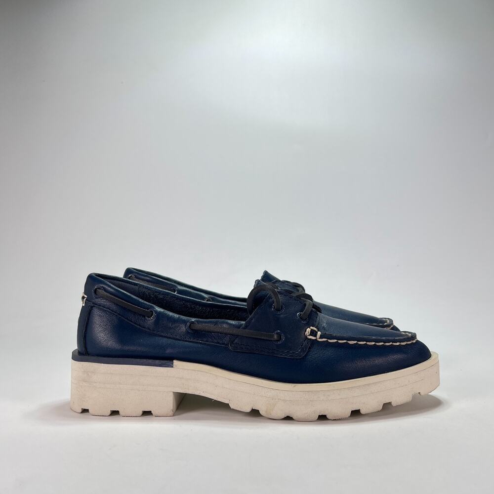 Sperry Chunky Boat 2-Eye Navy Blue Leather Casual Platform Shoes Women's Sz 7.5M
